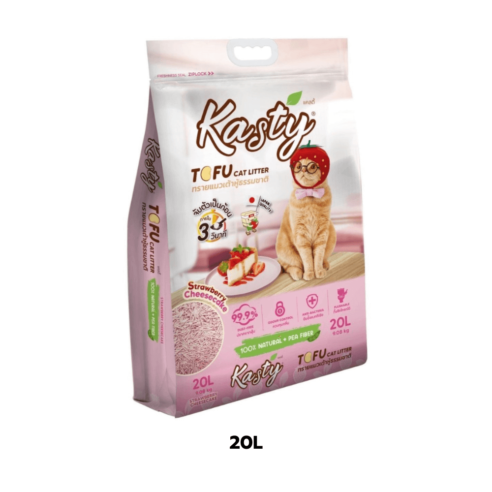 ทรายแมวเต้าหู้ kasty กลิ่นสตอเบอรี่ชีสเค้ก ขนาด 20 ลิตร